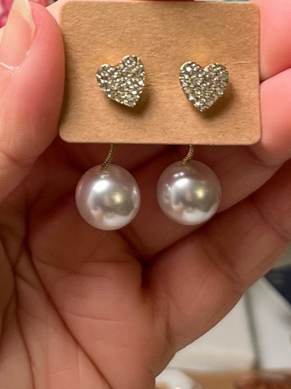 Crystal Heart Pearl Drop Earrings - Silver Tone